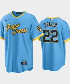 Men's Milwaukee Brewers 22 Christian Yelich 2022-23 City Connect Powder Blue Jersey - Robokeg