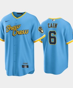Men's Milwaukee Brewers 6 Lorenzo Cain 2022-23 City Connect Powder Blue Jersey - Robokeg