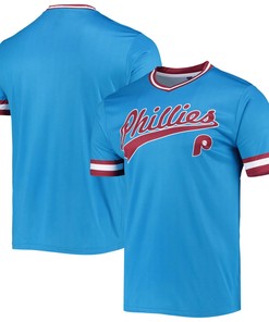 Men's Stitches Light Blue/Burgundy Philadelphia Phillies Cooperstown Collection V-Neck Team Color Jersey - Robokeg