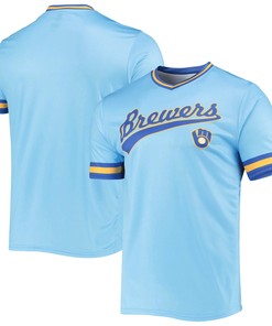 Men's Stitches Powder Blue/Royal Milwaukee Brewers Cooperstown Collection V-Neck Team Color Jersey - Robokeg