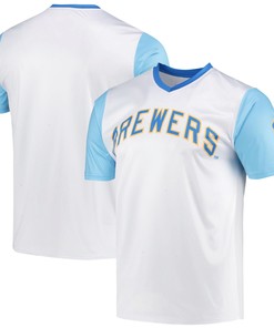 Men's Stitches White Milwaukee Brewers Cooperstown Collection Wordmark V-Neck Jersey - Robokeg