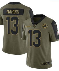 Miami Dolphins Dan Marino 13 Nfl Olive 2021 Salute To Service Retired Player Men Jersey For Dolphins Fans - Robokeg