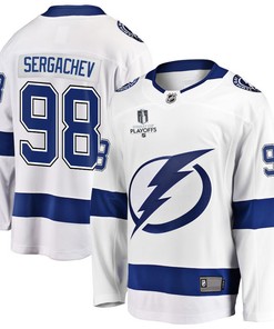 Mikhail Sergachev 98 Tampa Bay Lightning Stanley Cup 2023 Playoffs Patch Away Breakaway Men Jersey - White - Robokeg