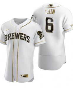 Milwaukee Brewers #6 Lorenzo Cain Mlb Golden Brandedition White Jersey Gift For Brewers Fans - Robokeg