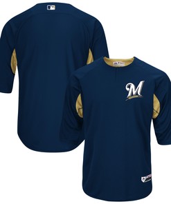 Milwaukee Brewers Majestic Authentic Collection On-field 3/4-sleeve Batting Practice Jersey - Navy/gold Mlb - Robokeg