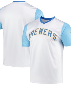 Milwaukee Brewers Stitches Cooperstown Collection Wordmark V-neck Jersey - White Mlb - Robokeg