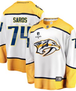 Nashville Predators Juuse Saros 74 Away 2022 Stanley Cup Playoffs Breakaway Men Jersey - White - Robokeg