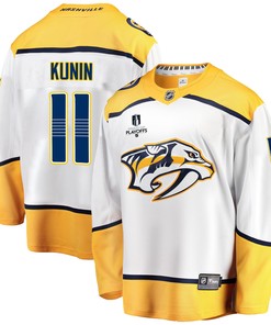 Nashville Predators Luke Kunin 11 Away 2022 Stanley Cup Playoffs Breakaway Men Jersey - White - Robokeg