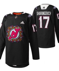New Jersey Devils 17 Yegor Sharangovich 2022 Hispanic Heritage Night Jersey Black Warm-Up Jersey - Robokeg