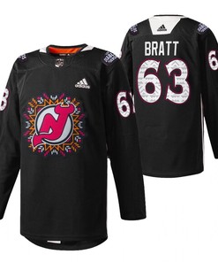 New Jersey Devils 63 Jesper Bratt 2022 Hispanic Heritage Night Jersey Black Warm-Up Jersey - Robokeg