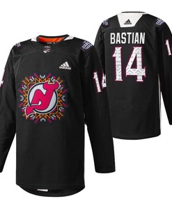 New Jersey Devils Nathan Bastian 2022 Hispanic Heritage Night Jersey Black 14 Warm-Up Jersey - Robokeg