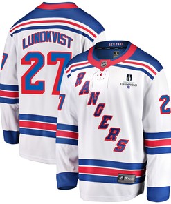 New York Rangers Nils Lundkvist 27 Away 2022 Stanley Cup Champions Breakaway Men Jersey - White - Robokeg