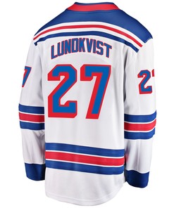 New York Rangers Nils Lundkvist 27 Away 2022 Stanley Cup Champions Breakaway Men Jersey - White - Robokeg