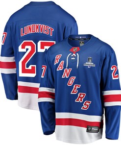 New York Rangers Nils Lundkvist 27 Home 2022 Stanley Cup Champions Breakaway Men Jersey - Blue - Robokeg