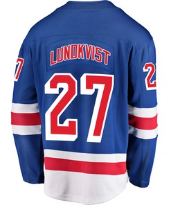 New York Rangers Nils Lundkvist 27 Home 2022 Stanley Cup Champions Breakaway Men Jersey - Blue - Robokeg
