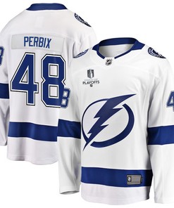 Nick Perbix 48 Tampa Bay Lightning Stanley Cup 2023 Playoffs Patch Away Breakaway Men Jersey - White - Robokeg