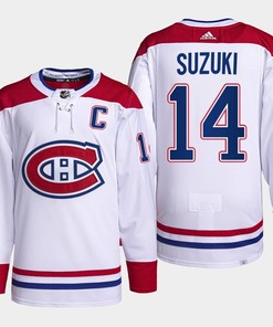 Nick Suzuki 14 Montreal Canadiens White Jersey 2023 Captain Patch Primegreen - Robokeg