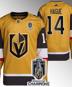 Nicolas Hague 14 Vegas Golden Knights 2023 Stanley Cup Champions Patch Breakaway Home Jersey - Gold - Robokeg