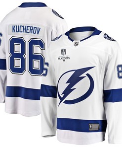 Nikita Kucherov 86 Tampa Bay Lightning Stanley Cup 2023 Playoffs Patch Away Breakaway Men Jersey - White - Robokeg