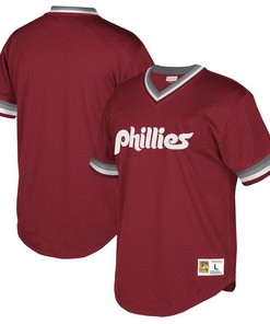 Philadelphia Phillies Mitchell And Ness Big And Tall Cooperstown Collection Mesh Wordmark V-neck Jersey - Maroon - Robokeg