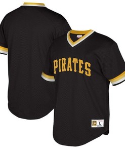 Pittsburgh Pirates Mitchell And Ness Big And Tall Cooperstown Collection Mesh Wordmark V-neck Jersey - Black - Robokeg