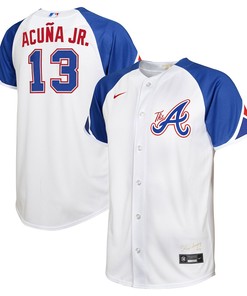 Ronald Acuna Jr. 13 Jersey, Atlanta Braves 2023 City Connect Youth Jersey - White - Robokeg