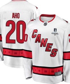 Sebastian Aho 20 Carolina Hurricanes Stanley Cup 2023 Playoffs Patch Away Breakaway Men Jersey - White - Robokeg