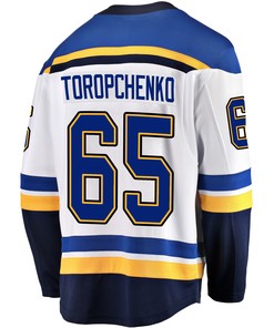 St. Louis Blues Alexei Toropchenko 65 Away 2022 Stanley Cup Playoffs Breakaway Men Jersey - White - Robokeg