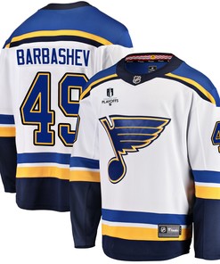 St. Louis Blues Ivan Barbashev 49 Away 2022 Stanley Cup Playoffs Breakaway Men Jersey - White - Robokeg