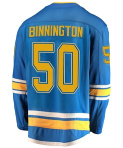 St. Louis Blues Jordan Binnington 50 Alternate 2022 Stanley Cup Playoffs Breakaway Men Jersey - Blue - Robokeg