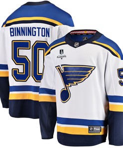 St. Louis Blues Jordan Binnington 50 Away 2022 Stanley Cup Playoffs Breakaway Men Jersey - White - Robokeg