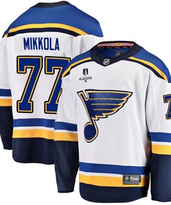 St. Louis Blues Niko Mikkola 77 Away 2022 Stanley Cup Playoffs Breakaway Men Jersey - White - Robokeg