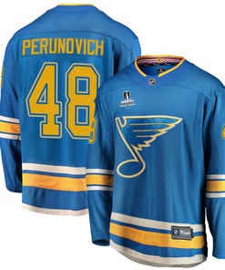 St. Louis Blues Scott Perunovich 48 Alternate 2022 Stanley Cup Playoffs Breakaway Men Jersey - Blue - Robokeg