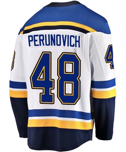St. Louis Blues Scott Perunovich 48 Away 2022 Stanley Cup Playoffs Breakaway Men Jersey - White - Robokeg