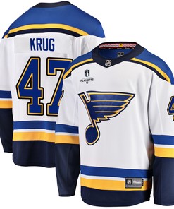 St. Louis Blues Torey Krug 47 Away 2022 Stanley Cup Playoffs Breakaway Men Jersey - White - Robokeg