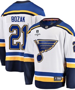 St. Louis Blues Tyler Bozak 21 Away 2022 Stanley Cup Playoffs Breakaway Men Jersey - White - Robokeg