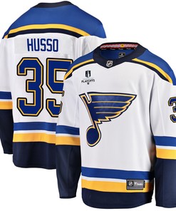 St. Louis Blues Ville Husso 35 Away 2022 Stanley Cup Playoffs Breakaway Men Jersey - White - Robokeg