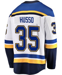 St. Louis Blues Ville Husso 35 Away 2022 Stanley Cup Playoffs Breakaway Men Jersey - White - Robokeg