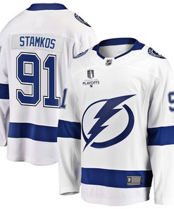 Steven Stamkos 91 Tampa Bay Lightning Stanley Cup 2023 Playoffs Patch Away Breakaway Men Jersey - White - Robokeg