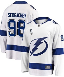 Tampa Bay Lightning Mikhail Sergachev 98 Away 2022 Stanley Cup Final Breakaway Men Jersey - White - Robokeg