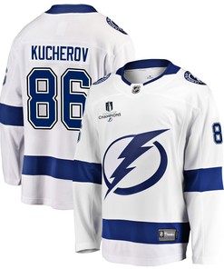 Tampa Bay Lightning Nikita Kucherov 86 Away 2022 Stanley Cup Champions Breakaway Men Jersey - White - Robokeg