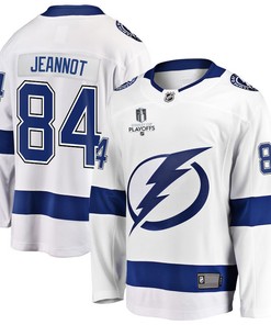 Tanner Jeannot 84 Tampa Bay Lightning Stanley Cup 2023 Playoffs Patch Away Breakaway Men Jersey - White - Robokeg