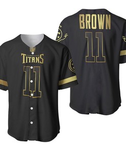 Tennessee Titans A J Brown #11 Nfl America Football Team Logo Black Golden Brandedition 3d Designed Allover Gift For Titans Fans Baseball Jersey - Robokeg