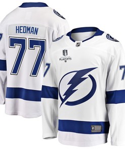 Victor Hedman 77 Tampa Bay Lightning Stanley Cup 2023 Playoffs Patch Away Breakaway Men Jersey - White - Robokeg