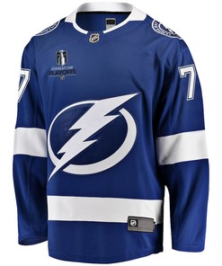 Victor Hedman 77 Tampa Bay Lightning Stanley Cup 2023 Playoffs Patch Home Breakaway Men Jersey - Blue - Robokeg