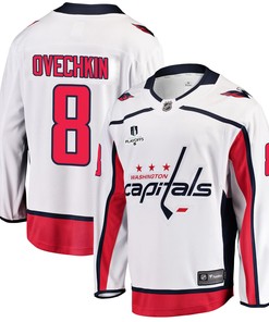 Washington Capitals Alexander Ovechkin 8 Away 2022 Stanley Cup Playoffs Breakaway Men Jersey - White - Robokeg