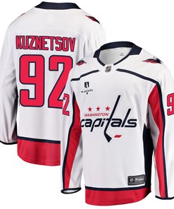 Washington Capitals Evgeny Kuznetsov 92 Away 2022 Stanley Cup Playoffs Breakaway Men Jersey - White - Robokeg