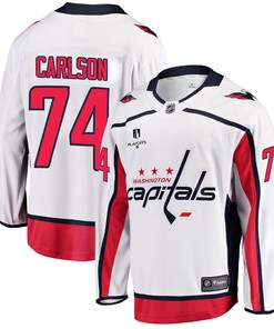 Washington Capitals John Carlson 74 Away 2022 Stanley Cup Playoffs Breakaway Men Jersey - White - Robokeg