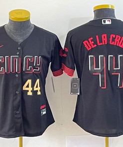 Women Cincinnati Reds #44 Gold Elly De La Cruz Jersey - Black Red - Robokeg
